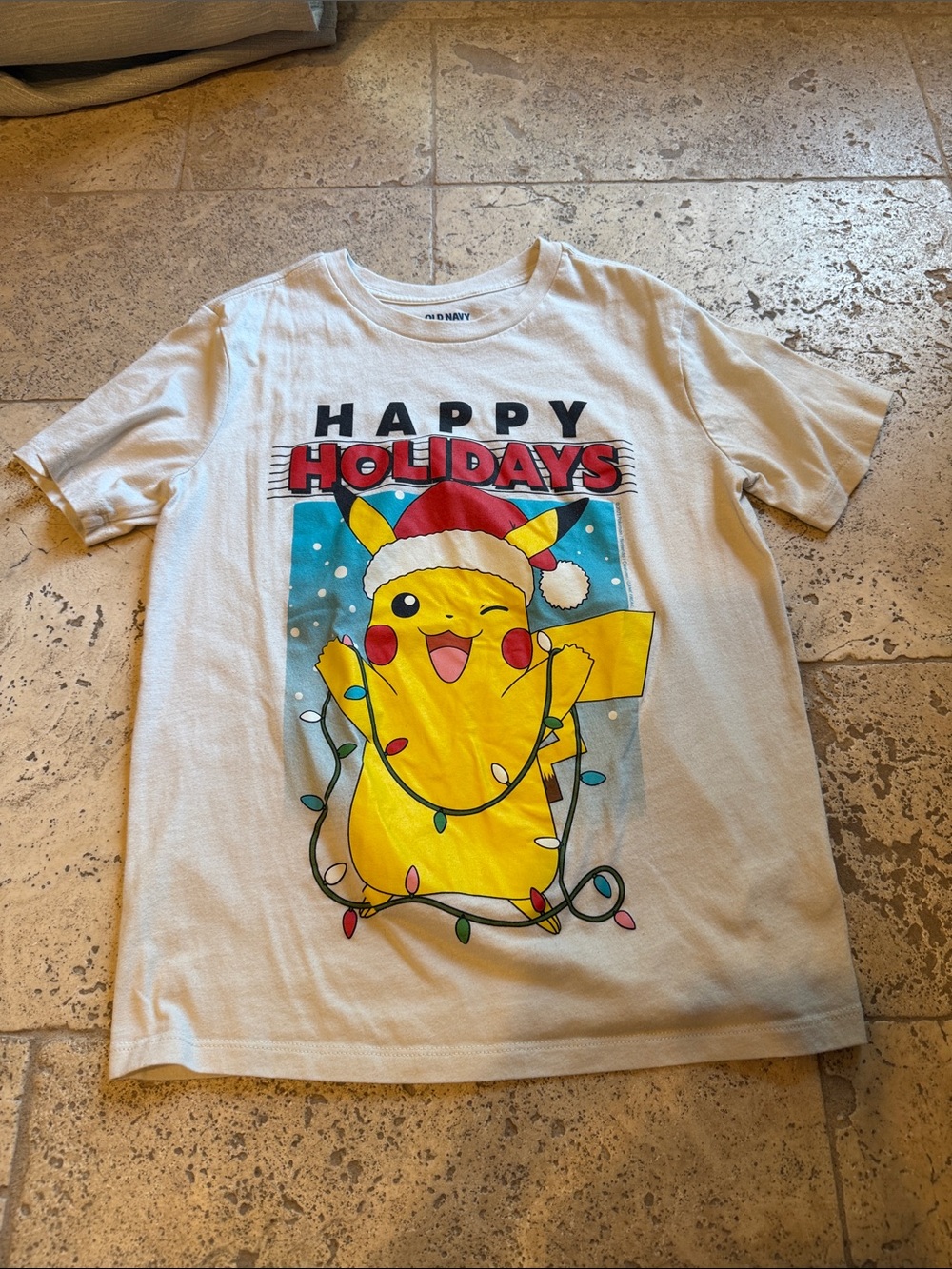 Old Navy White Holiday Pikachu Graphic Tee with Red and Yellow Accents